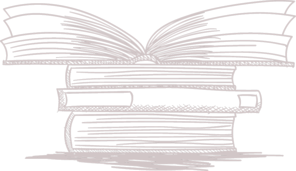 A linear illustration of a stack of books. The top book is open on both pages